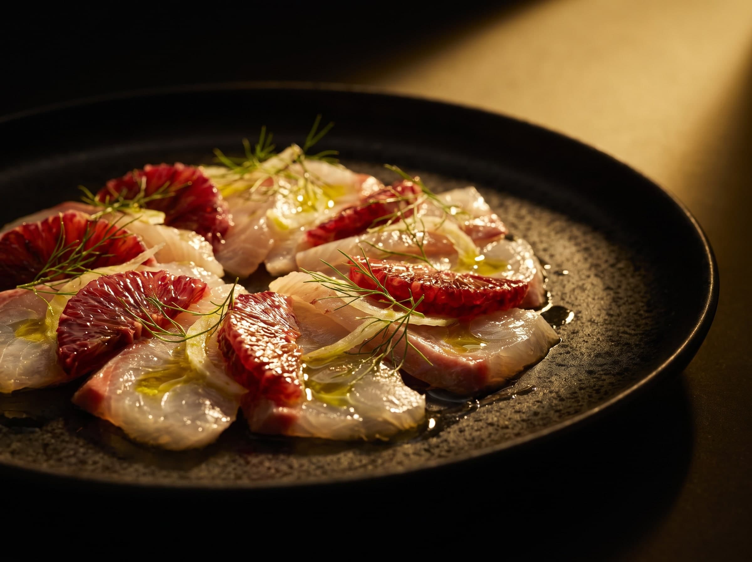 Fisch-Crudo mit Blutorangenscheiben, Fenchelgrün und Olivenöl auf dunklem Teller