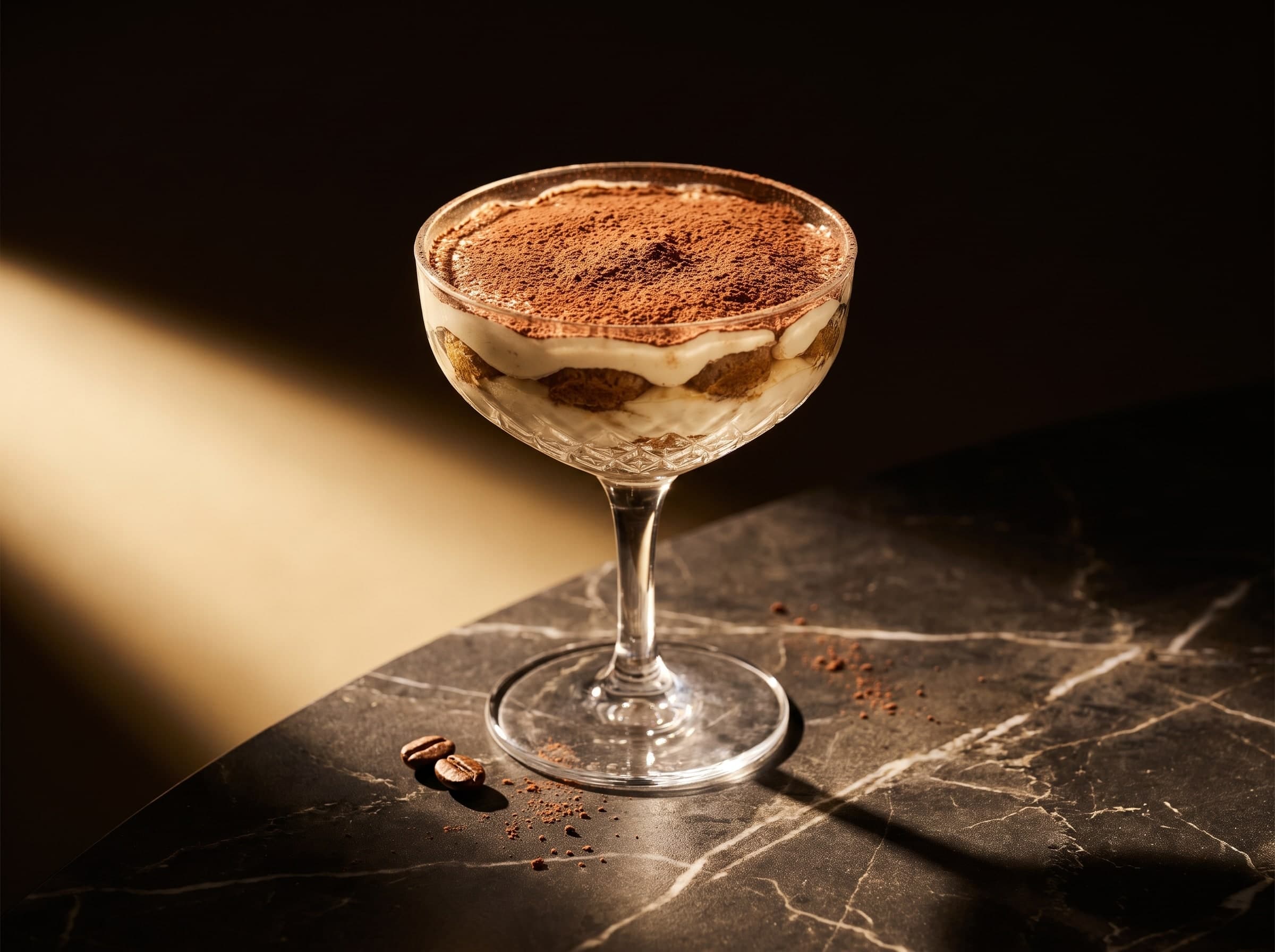 Tiramisu in einer Kristall-Coupe mit Kakao, daneben Kaffeebohnen auf dunklem Marmor