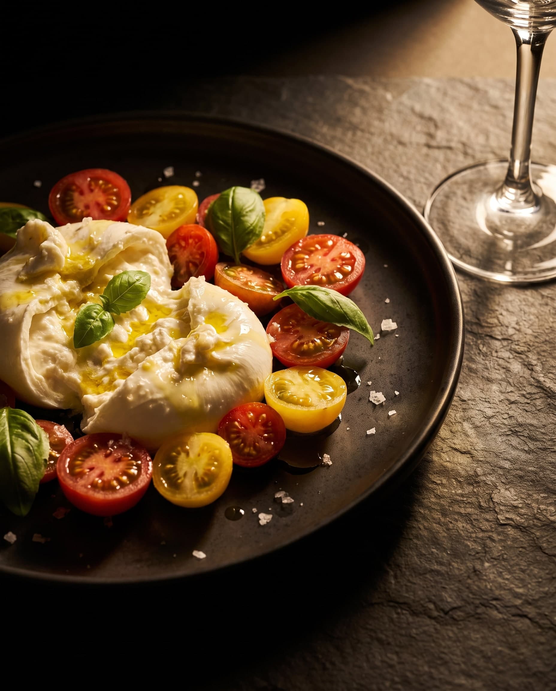 Burrata mit roten und gelben Kirschtomaten, Basilikum und Olivenöl auf einem dunklen Teller, daneben der Fuss eines Weinglases, im warmen Streiflicht