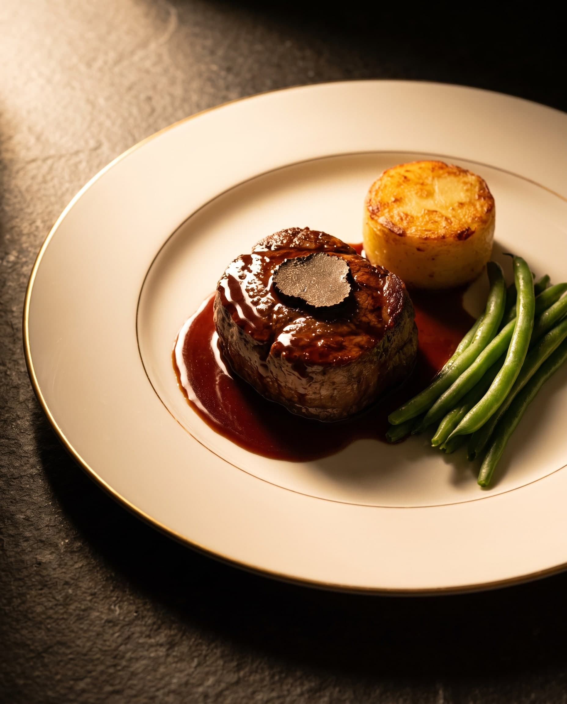 Rinderfilet-Medaillon mit Trüffelscheibe, dunkler Rotweinjus, Kartoffel-Fondant und grünen Bohnen auf weissem Porzellan mit Goldrand