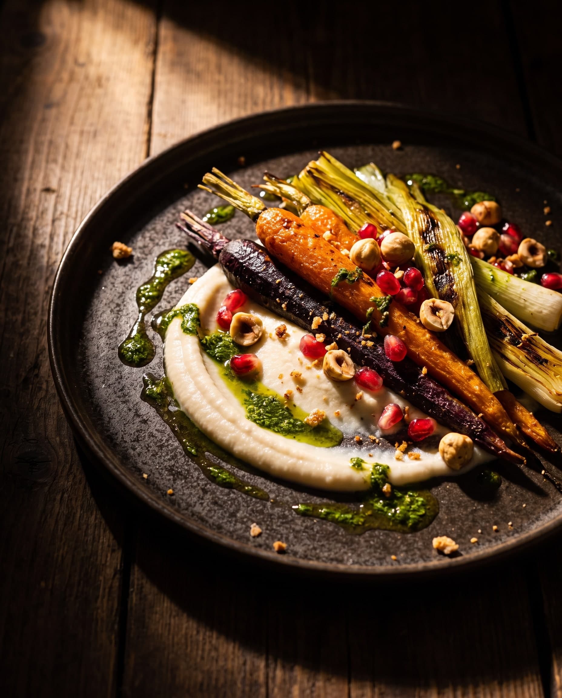 Geröstete orange und violette Karotten, gegrillter Lauch, Kräuteröl, Haselnüsse und Granatapfelkerne auf hellem Püree