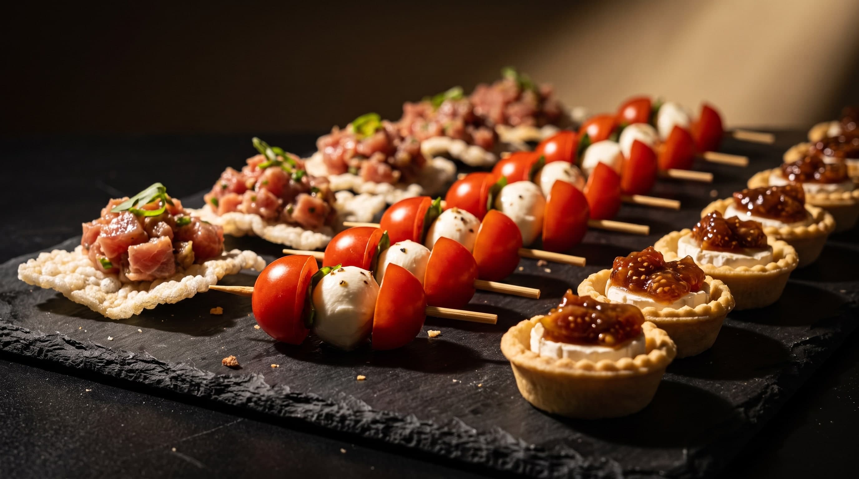 Reihen von Fingerfood auf dunklem Schiefer: Tatar auf Reiscrackern, Caprese-Spiesschen und Tartelettes mit heller Creme und dunklem Confit