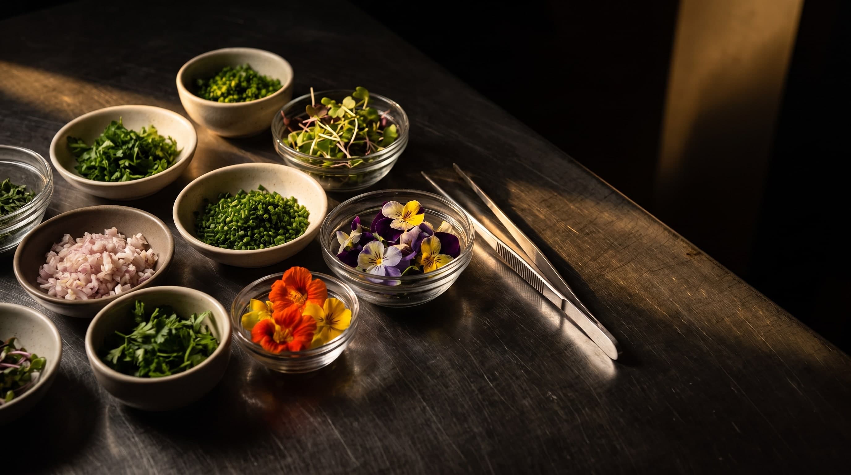 Mise en place auf dunkler Arbeitsfläche: Schälchen mit Kräutern, Schalotten, Sprossen und essbaren Blüten, daneben eine Anrichtpinzette
