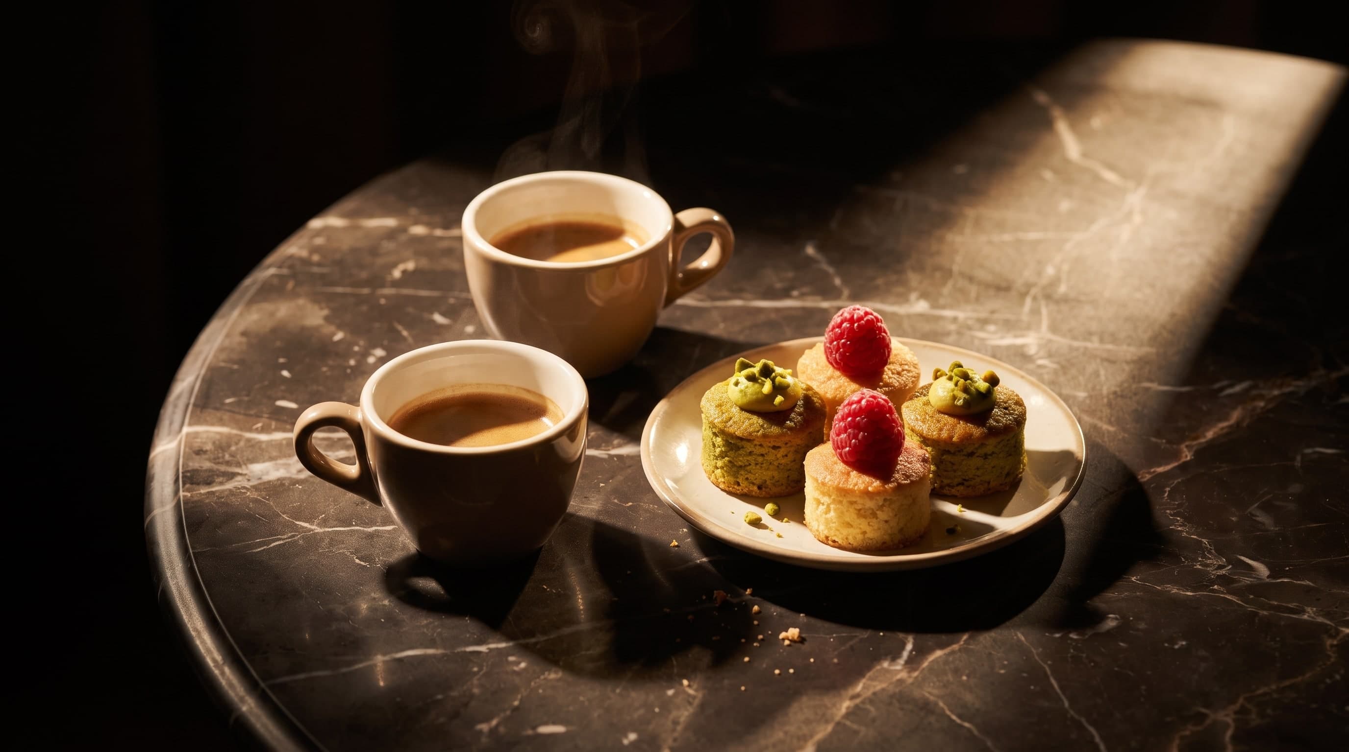 Zwei Kaffeetassen und ein Teller Petits Fours mit Pistazie und Himbeere auf dunklem Marmor