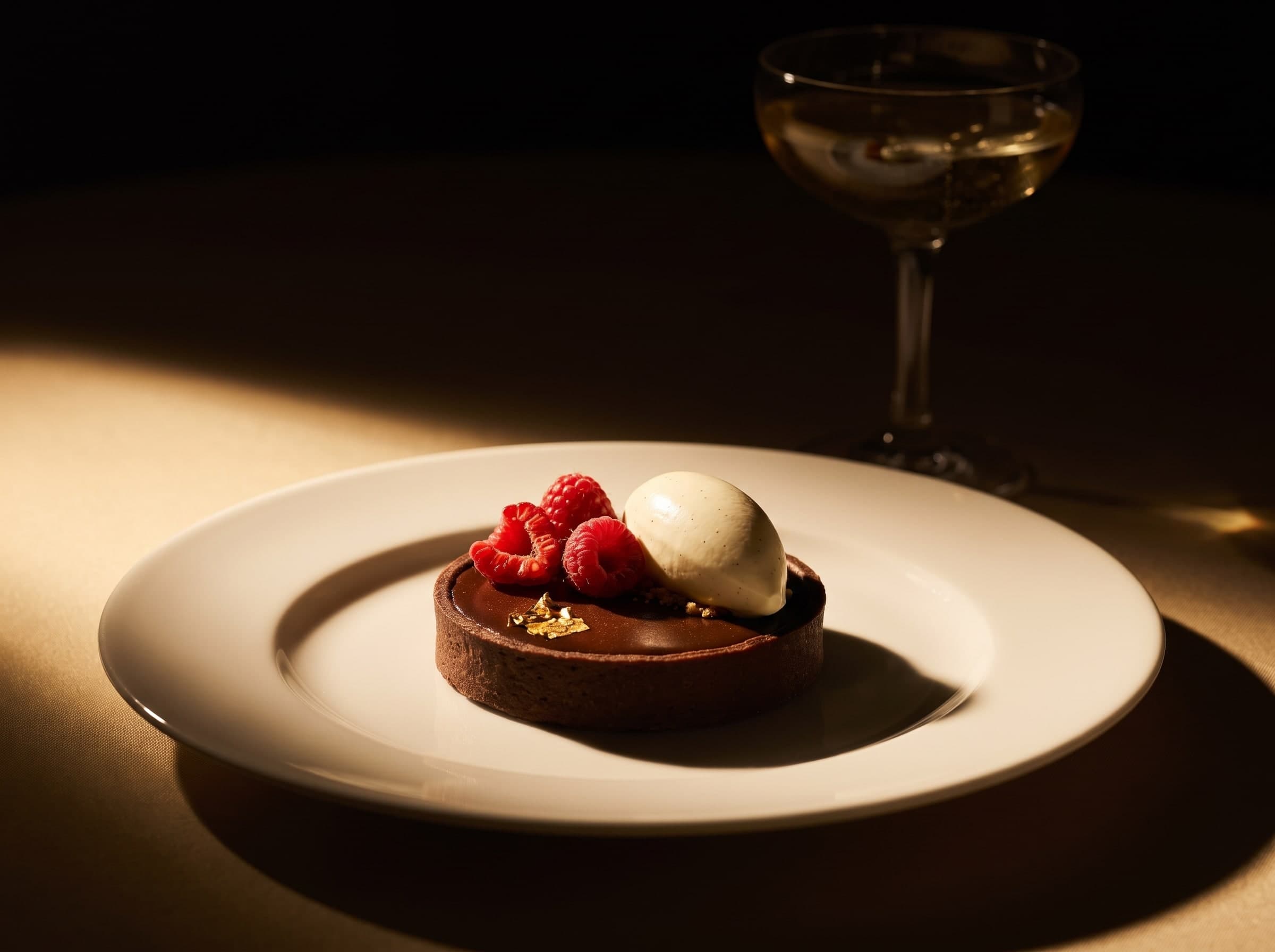 Kleine Schokoladentarte mit Himbeeren, heller Nocke und Blattgold auf weissem Teller, dahinter eine Champagnerschale